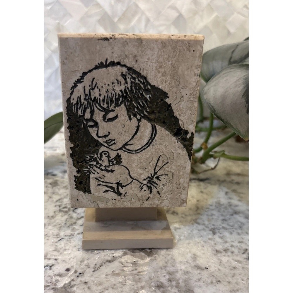 1960 Rodney Winfield Travertine Stone Plaque MCM Art Boy Bird In Hand‎